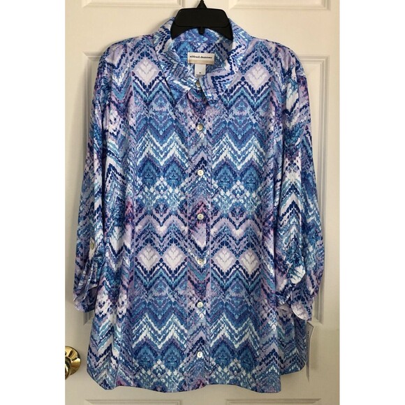 ALFRED DUNNER WOMEN'S TOP COLLARED NECK BUTTON DOWN ZIG ZAG 3/4 SLEEVES ROLL 158 - Picture 2 of 6